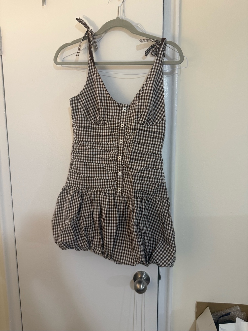 ASTR Brown & White Gingham Tie-Shoulder Bubble Mini Dress
